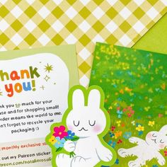 two greeting cards with the words thank you and an image of a bunny holding flowers