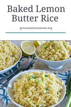 baked lemon butter rice in white bowls with green onions