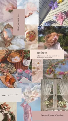 a collage of images with flowers and words on them, including an open book