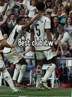 two soccer players are congratulating each other in front of an audience with the words best club tw