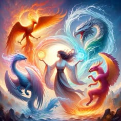 four different types of mythical creatures in the water with their wings spread out and glowing