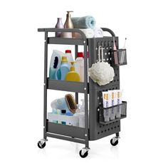 a gray cart filled with lots of cleaning products