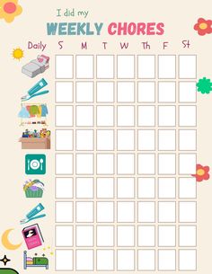 a printable weekly chore chart for kids with pictures on the front and back