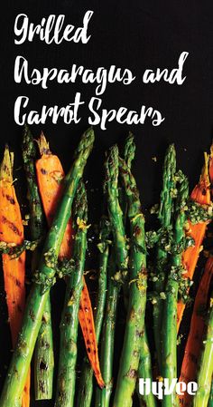 grilled asparagus and carrot spears on a black background with text overlay