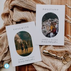 two greeting cards with the words yosemite and an old pair of scissors next to them