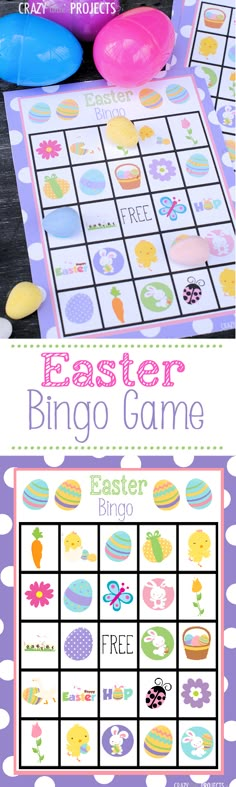 an easter egg hunt game with eggs on it and the words easter bingo game next to it