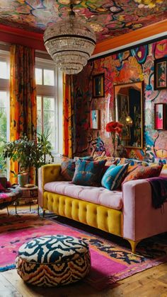 a living room filled with lots of colorful furniture