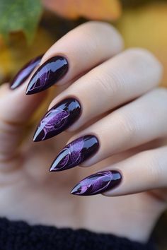 Black And Purple Marble Nails, Royal Purple Nails Acrylic, Purple Witch Nails, Halloween Nails Purple And Black, Dark Purple Halloween Nails, Halloween Purple Nails, Basic Nail Colors, Purple And Black Halloween Nails, Nails Black And Purple