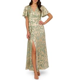 Adrianna Papell Foiled Leaf Print Surplice V-Neck Short Flutter Sleeve Gown | Dillard's Bride And Mom, Printed Outfits, Mom Of Bride, Draped Gown, Formal Wedding Guest Dress, Refined Fashion, Drape Gowns, Cocktail Wear, Sleeve Gown