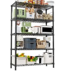 the four tier shelving unit has many items on it