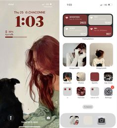 a woman with red hair is looking at her cell phone and the screen has an image of a dog on it