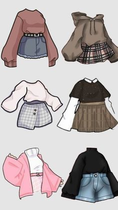 four different types of clothes are shown in this drawing style, including sweaters and skirts