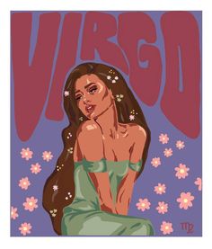 a woman with long hair sitting in front of flowers and the word vrsc on it