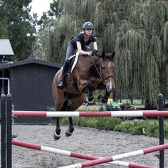 a woman riding on the back of a brown horse over an obstacle