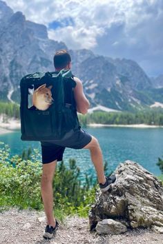 a man with a cat in his backpack looking at the mountains and water from behind him