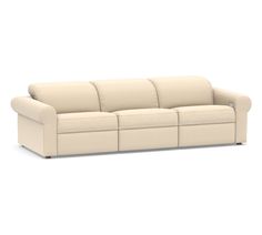 a white leather couch with two reclinings on the back and one arm extended