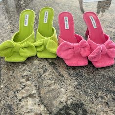 This Is For Two Pairs, A Pink Pair And A Lime Green Pair 3” Heel Super Cute Questions Leave A Comment Below Cute Questions, Bow Slides, Terry Cloth, Slide Sandals, Lime Green, Chelsea, Violet, Super Cute, Size 7