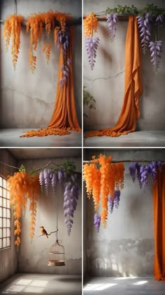 four pictures of orange and purple flowers hanging from the ceiling