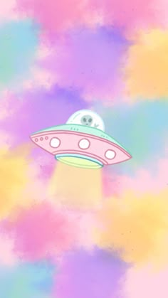 an alien ship flying through the sky with colorful clouds in the backgroung