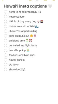 a list with the words hawaii insta captions on it