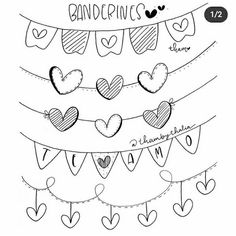 hand drawn hearts and buntings with the words love is in the air above them