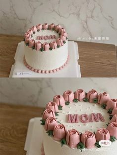 two pictures of a mother's day cake with pink roses on the top and bottom