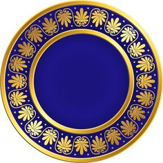 a blue and gold plate with flowers on it