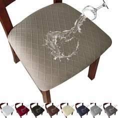 a chair with a wine glass on it and various color options for the seat cover