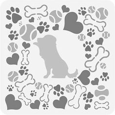 a dog surrounded by hearts and paw prints on a white background with the silhouette of a dog