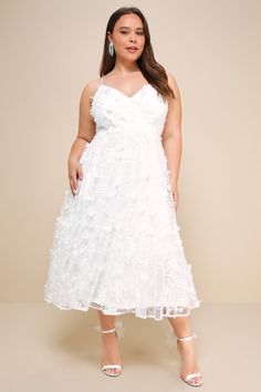 Celebrate the season in style with the Lulus Springtime Soiree White Sequin 3D Floral Applique Midi Dress! Airy tulle boasts embroidered, sequin details and three-dimensional floral appliques throughout as it shapes this darling dress. Adjustable spaghetti straps support a surplice bodice with flattering bust darts and a fitted waist. A-line skirt falls to a tiered midi hem. Hidden zipper/clasp at back. Fit: This garment fits true to size. Length: Mid-calf length. Size medium measures 41.50" fro Spring Lace Dress With 3d Embroidery, Elegant Organza Dress With 3d Embroidery, Lace Sequin Dress For Wedding Guest, Elegant Lace Dress With 3d Embroidery, White Lace Dress With Floral Applique For Party, Elegant White Dress With 3d Embroidery, 3d Applique, Dress With Sequins, Sequin Midi Dress