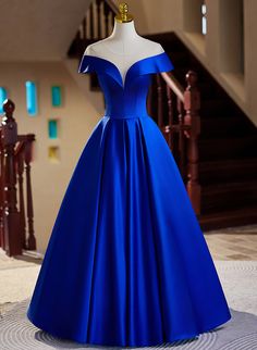 Blue Satin Evening Dress For Banquet, Blue A-line Dress For Prom, Elegant Royal Blue A-line Dress, Blue Satin Ball Gown Dress, Royal Blue Satin Dress For Prom, Royal Blue Satin Dress For Prom Season, Royal Blue Fitted Satin Dress, Blue Fitted Ball Gown Evening Dress, Formal Blue A-line Gown