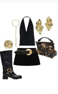 Y2k Aesthetic, Black And Gold, Leopard Print, Purse, Boots, Gold, Black