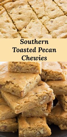 there are several squares of food stacked on top of each other with the words southern toasted pecan chees