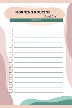 the morning routine checklist is shown in pink, green and blue tones with an abstract background