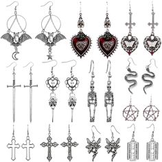 PRICES MAY VARY. 【Unique design】According to Gothic mystery, darkness, loneliness, the complete destruction and reconstruction of punk, a unique earring set is designed，These unique earrings are wonderful accessories for your daily or Halloween outfit to make you special and cool. 【Various styles】12 pairs with different designs gothic earrings, matched with evil eye bat red heart earrings, butterfly earrings, cross earrings, skull skeleton earrings, snake earrings,Angel spirit earrings, pentacle Whimsy Goth Jewelry, Emo Piercings, Gothic Mystery, Emo Jewelry, Emo Accessories, Grunge Earrings, Angel Spirit, Earrings Snake, Earrings Cross