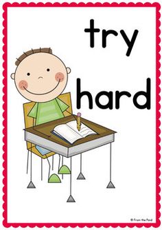 a boy writing on a desk with the word try hard in front of him and his name