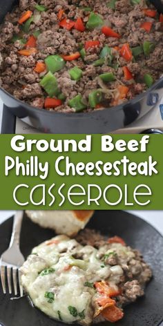 Ground beef with sweet bell peppers and topped with Provolone cheese with Pinterest overlay. Keto Philly Cheesesteak Casserole, Cheese Steak Casserole, Keto Philly Cheesesteak