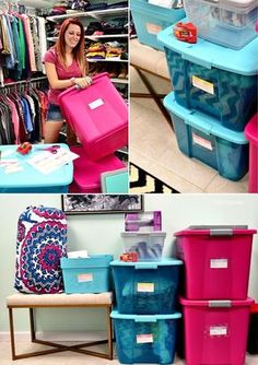 the woman is sitting at the table with many plastic containers and boxes on top of it