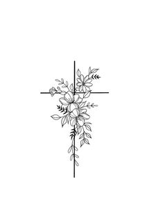 a cross with flowers on it and an arrow in the middle is drawn by hand