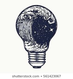 a drawing of a light bulb with an ocean wave inside it and stars in the sky