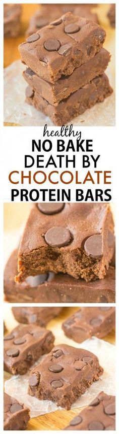 chocolate protein bars stacked on top of each other with the words, no bake dehy