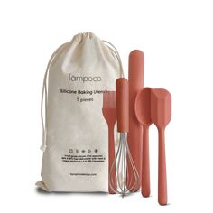 three kitchen utensils and a bag on a white background with the words tampoca in it