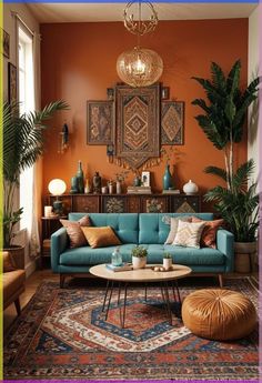 a living room with orange walls and blue couches, rugs and potted plants