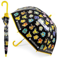 an umbrella with pokemon stickers on it is open and has the handle extended up