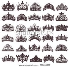 a large collection of crowns and tiaras in silhouettes on white background stock photo