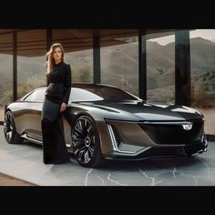 a woman standing next to a futuristic car