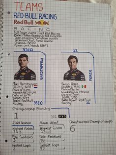 the team's red bull racing drivers are depicted in this hand - drawn notebook