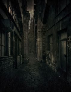 an old alley way with graffiti on the walls and brick walkways in between two buildings