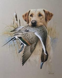 a painting of a dog holding a duck in its mouth