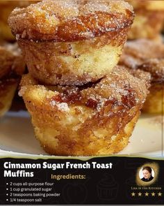 cinnamon sugar french toast muffins stacked on top of each other